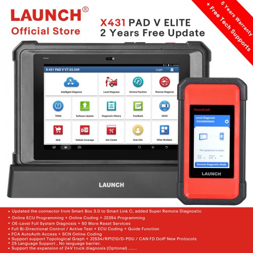 LAUNCH X431 PAD V PAD5 Elite J2534 Tool With New Smartlink C Support ECU/ECM Online Program Topology Map CAN/CANFD/DoIP Same Functions as X431 PAD VII