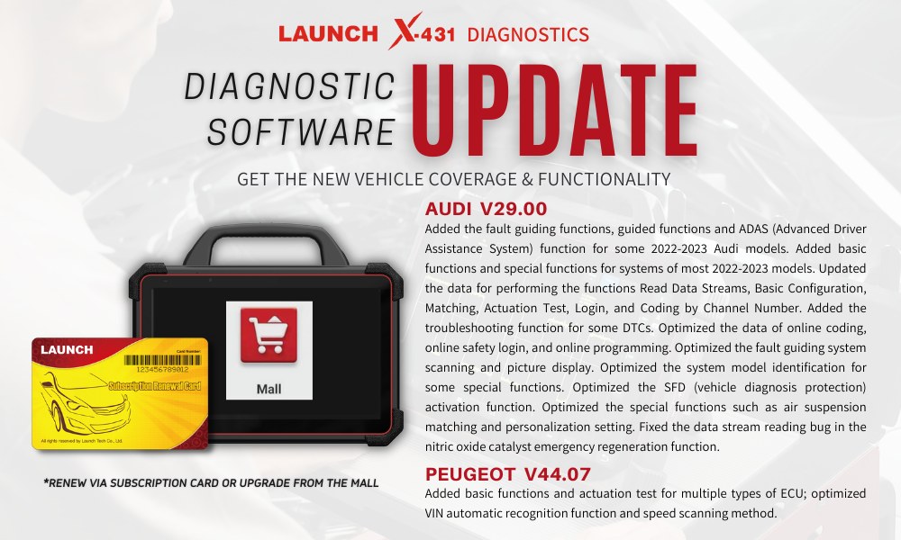 LAUNCH X431 Software Update- Audi V29.00, Peugeot V44.07