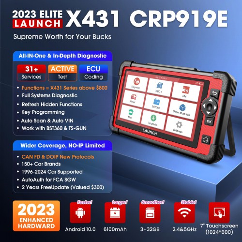 LAUNCH X431 CRP919E Elite OBD2 Bidirectional Scan Tool Support CANFD DoIP, 31+ Service, ECU Coding, Full Systems Diagnosis, FCA ,GPF Regeneration