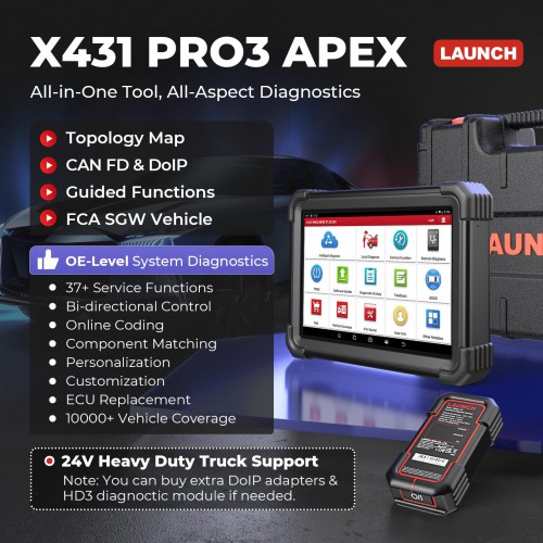 LAUNCH X431 PRO3 APEX All-System Scan Tool Support Mechanics Online Coding Topology Map CAN FD & DoIP Guide Functions FCA and Renault SGW 50+ Services