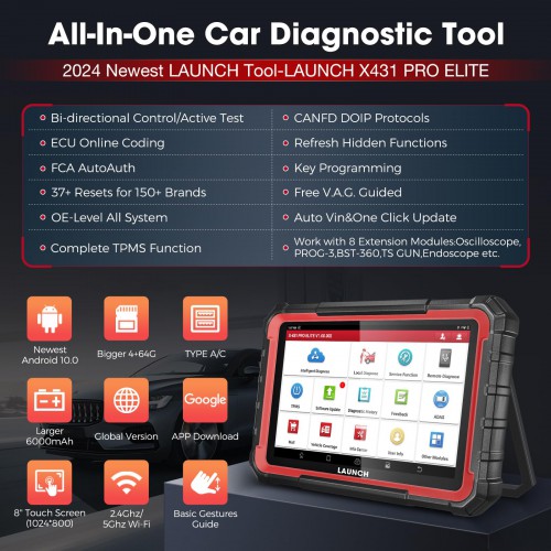 Launch X431 PRO ELITE Auto Full System Bidirectional Car Diagnostic Tools with 37+ Service Functions Support CANFD & DOIP, FCA, Key Program