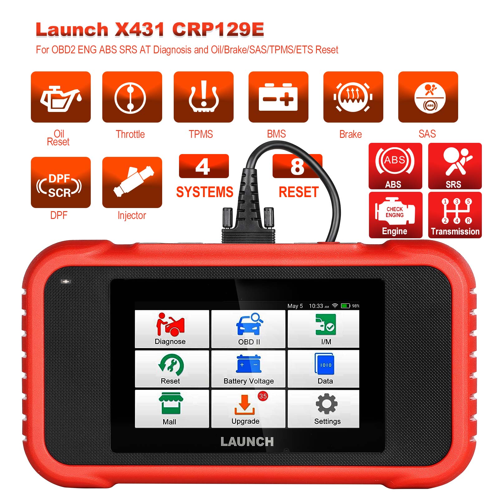 Launch X431 CRP129E 4 System OBD2 Scanner With 8 Reset Service