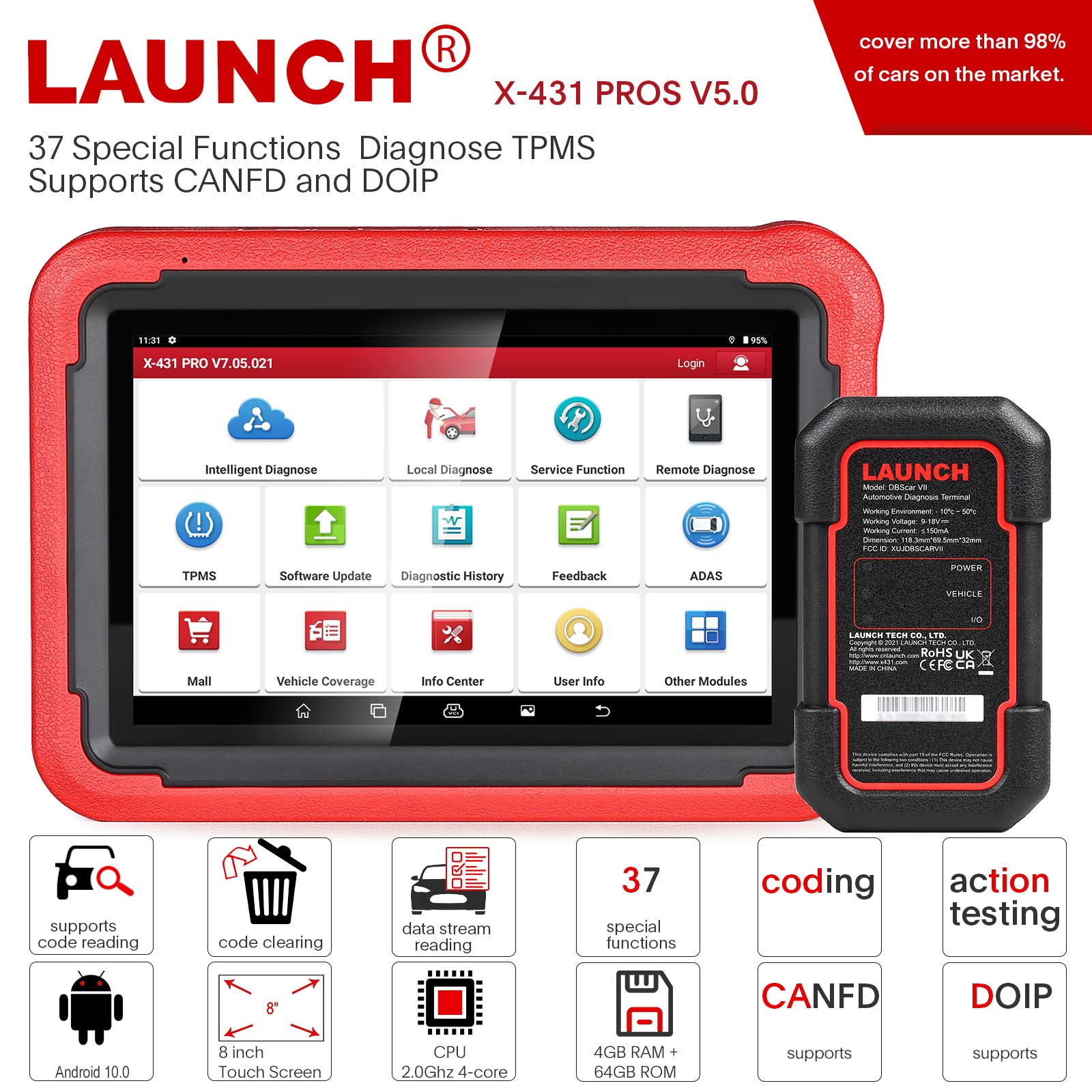 Launch X431 PROS V5.0 Car Scanner Diagnostic tool With DBScar VII connector  37 special functions